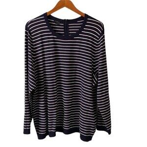 Talbots Plus Striped Long Sleeve Knit Sweater Top Back Zip Viscose Navy Stretchy